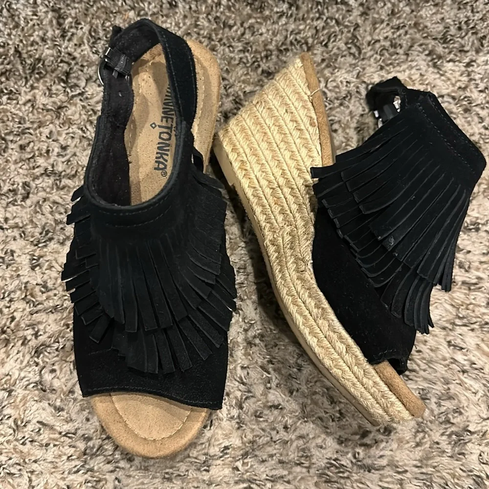 Minnetonka Black Fringe Sandals for Women